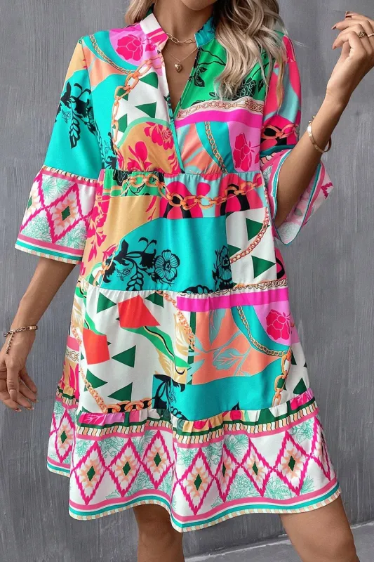 Multicolour Abstract Printed Half Sleeve Notched Neck Mini Dress sold by Beagle Boutique
