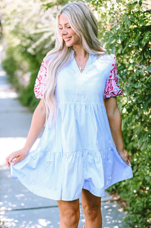 Sky Blue Stripe Contrast Floral Puff Sleeve Tiered Ruffle Dress sold by Beagle Boutique