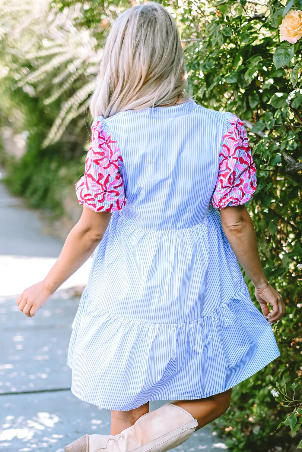 Sky Blue Stripe Contrast Floral Puff Sleeve Tiered Ruffle Dress sold by Beagle Boutique product image thumbnail 2
