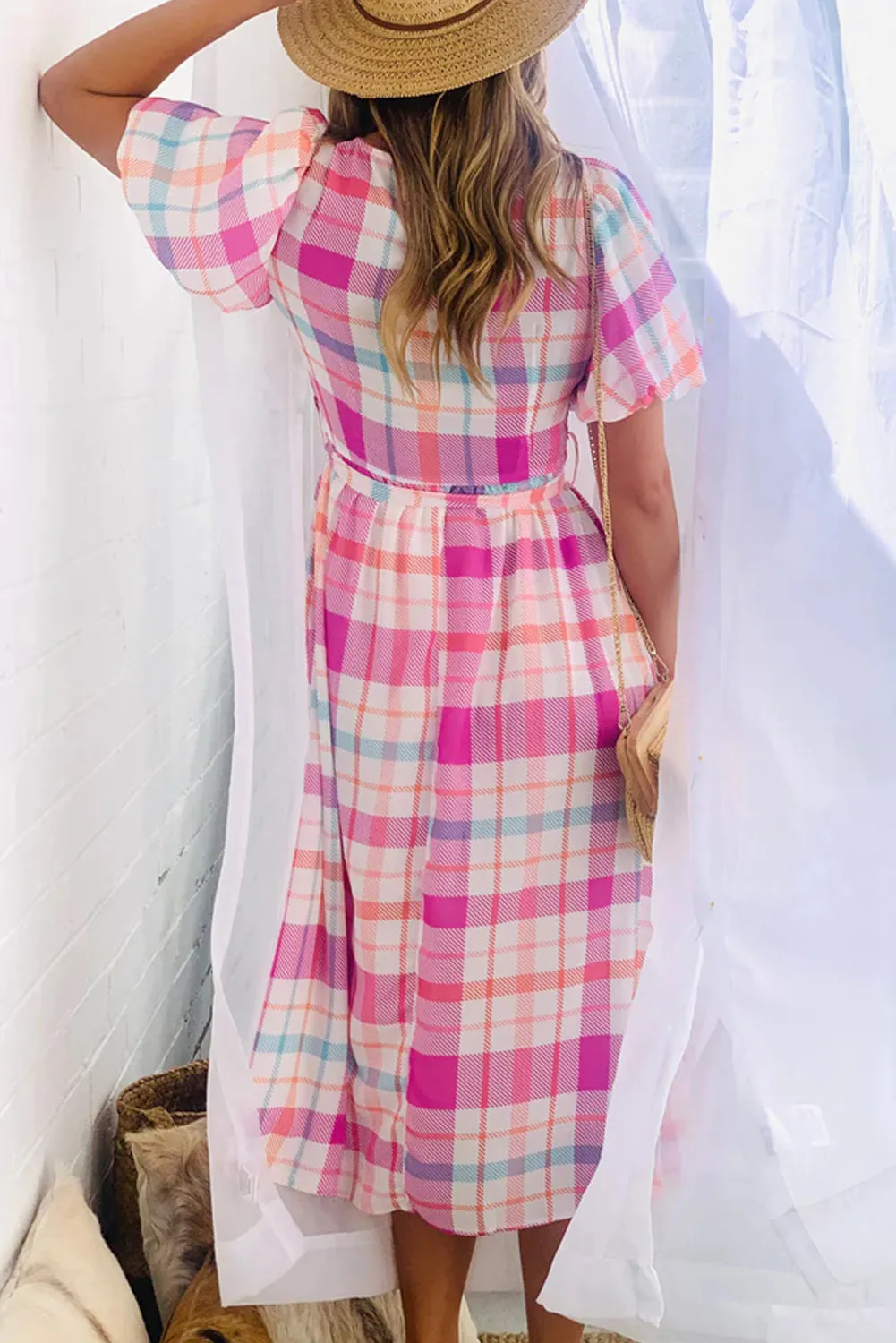 Pink Checkered Puff Sleeve Belted Midi Dress sold by Beagle Boutique product image thumbnail 3