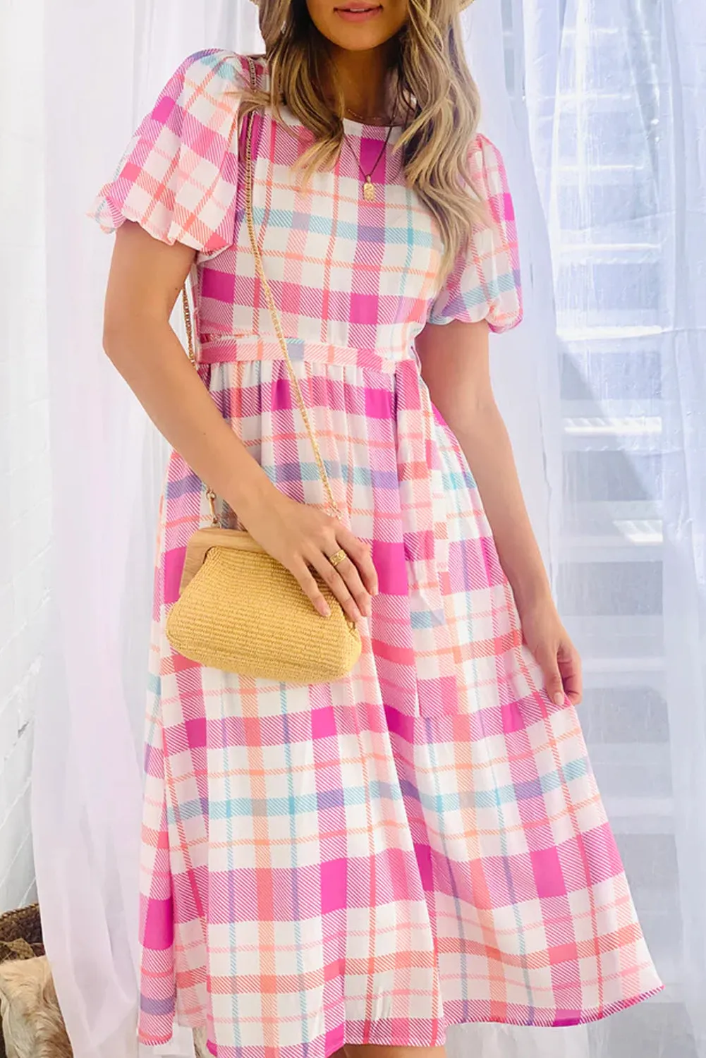 Pink Checkered Puff Sleeve Belted Midi Dress sold by Beagle Boutique