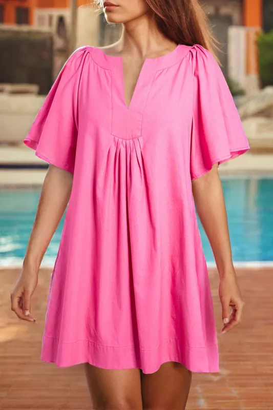 Bonbon Split V Neck Short Flutter Sleeve Pleated Shift Dress sold by Beagle Boutique