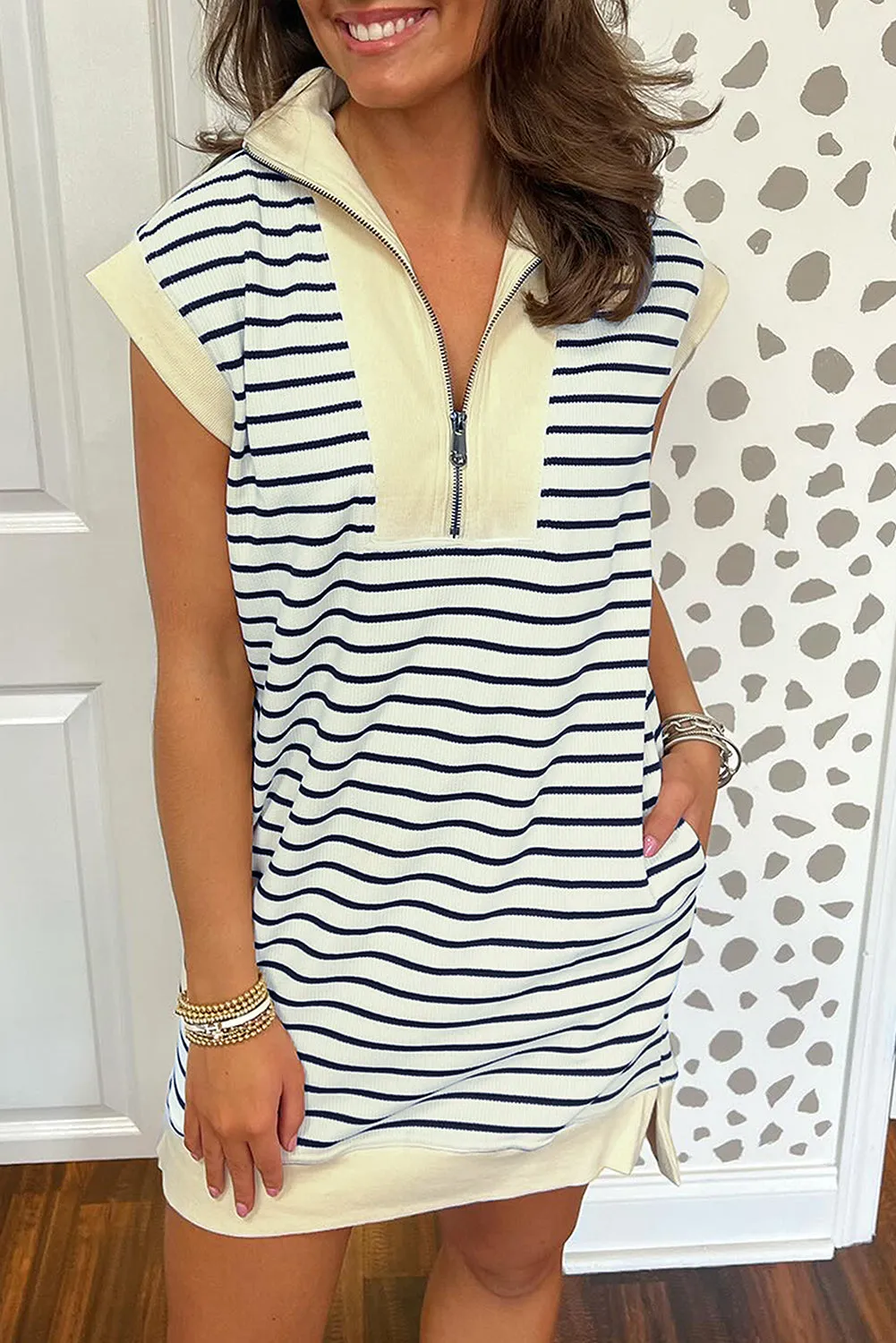 Blue Stripe Quarter Zip Collared Cap Sleeve Mini Dress sold by Beagle Boutique