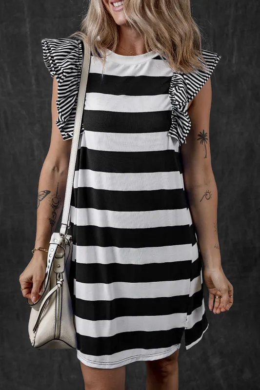 Black Stripe Contrast Ruffled Sleeve T-shirt Dress sold by Beagle Boutique