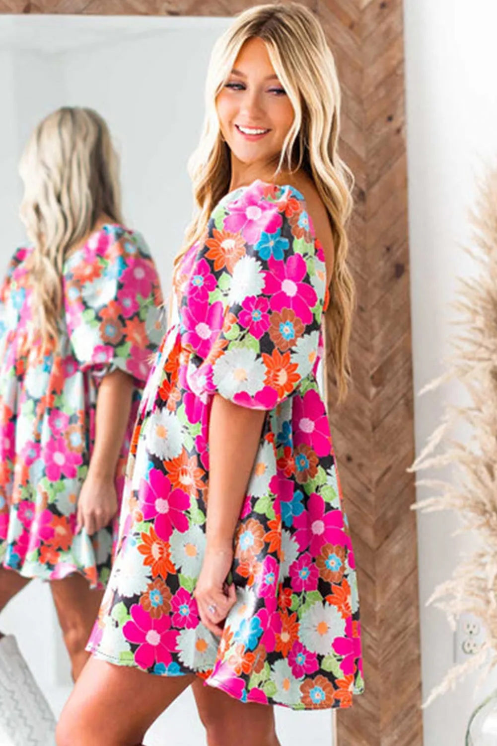 Rose Floral Print Square Neck Short Puff Sleeve Dress sold by Beagle Boutique product image thumbnail 3