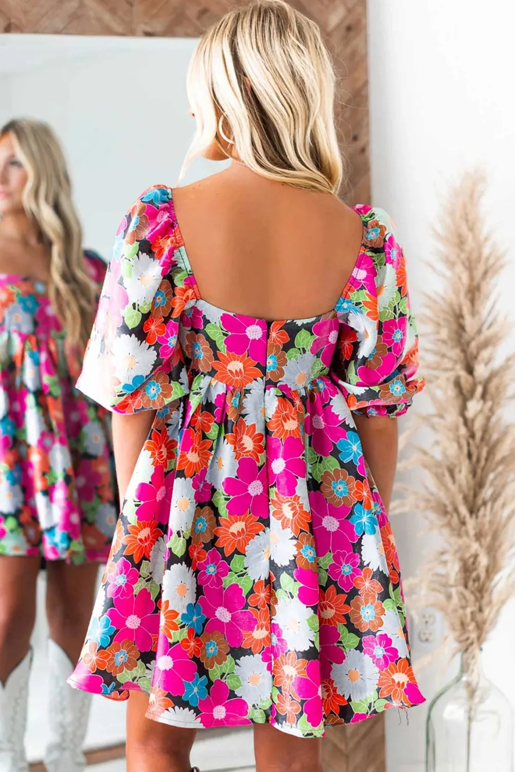 Rose Floral Print Square Neck Short Puff Sleeve Dress sold by Beagle Boutique product image thumbnail 2
