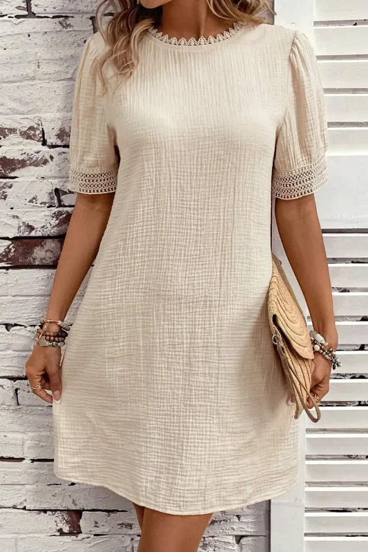 Beige Crinkle Lace Trim Puff Sleeve Shift Mini Dress sold by Beagle Boutique