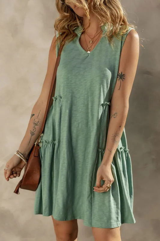 Moonlight Jade Split V Neck Tiered Flowy Sleeveless Dress sold by Beagle Boutique