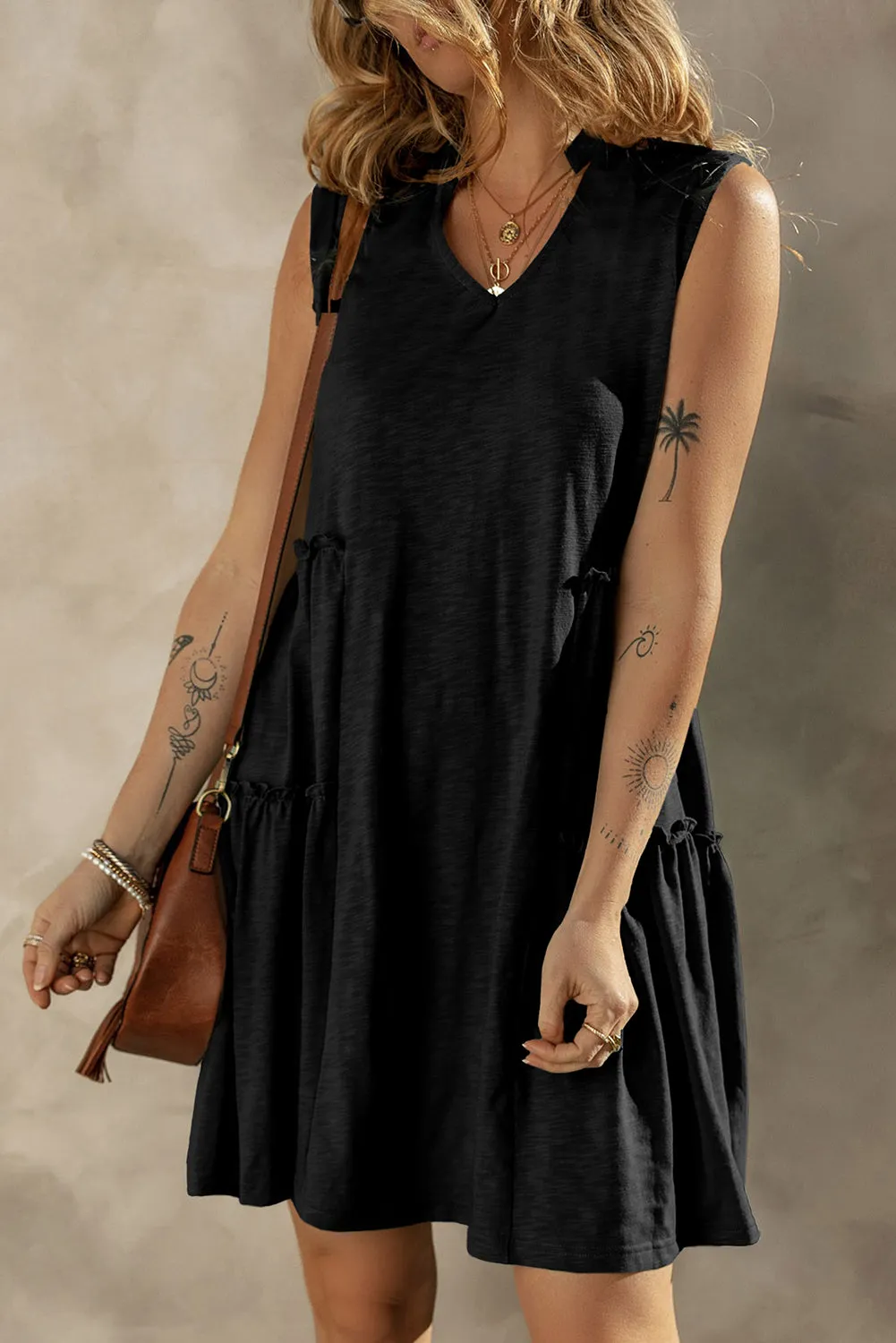 Moonlight Jade Split V Neck Tiered Flowy Sleeveless Dress sold by Beagle Boutique product image thumbnail 4