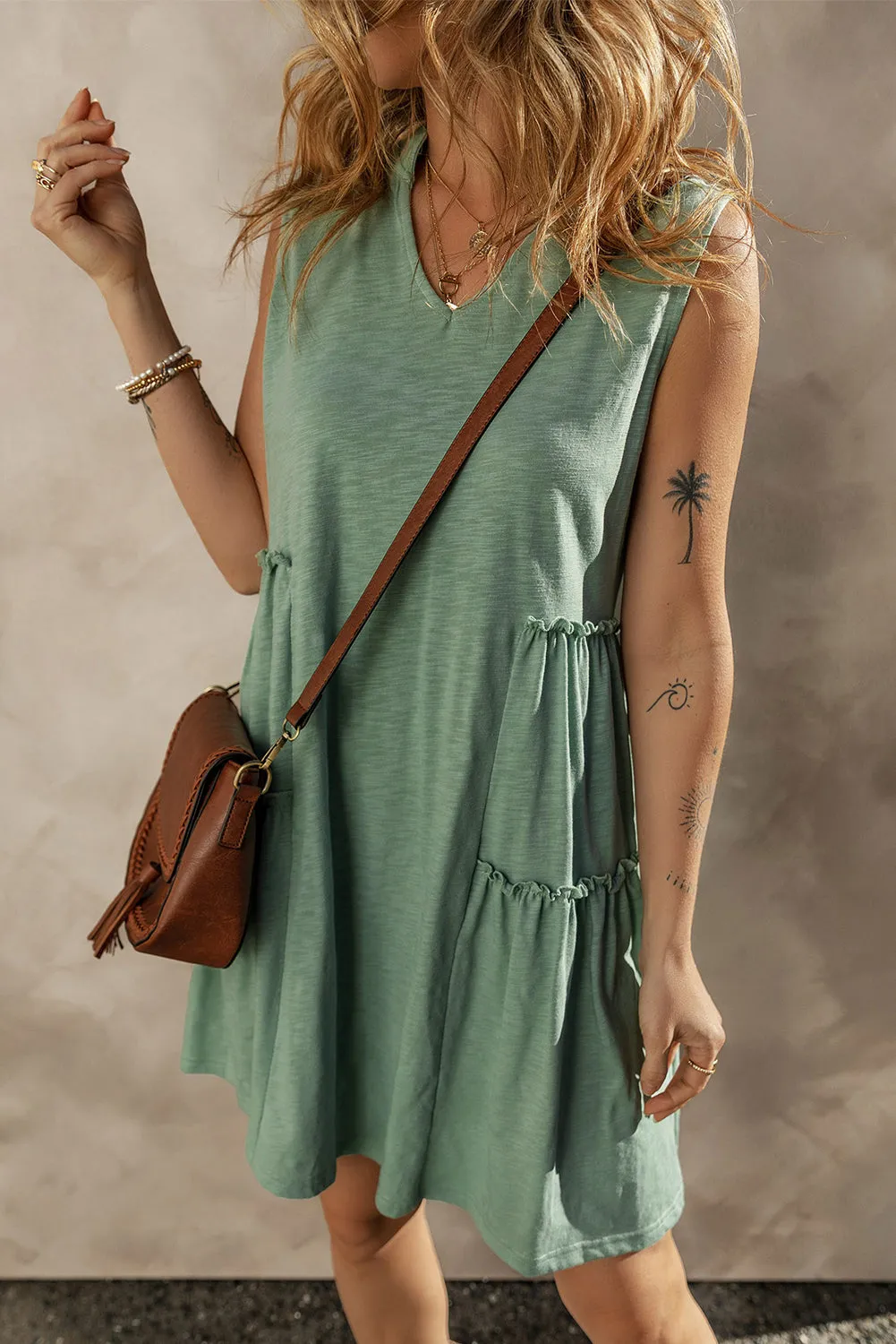 Moonlight Jade Split V Neck Tiered Flowy Sleeveless Dress sold by Beagle Boutique product image thumbnail 3