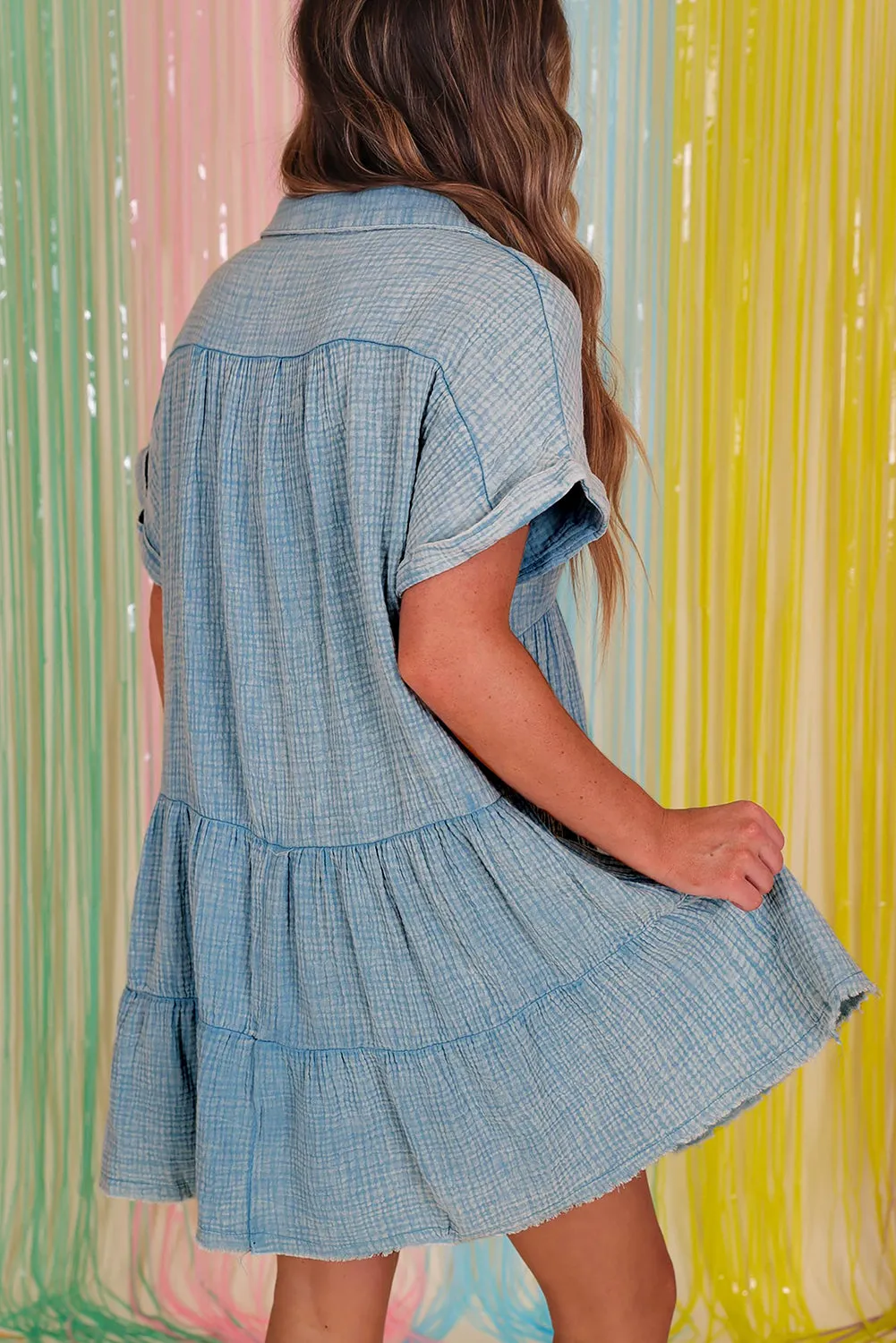 Beau Blue Mineral Wash Crinkle Split Neck Raw Hem Tiered Dress sold by Beagle Boutique product image thumbnail 2