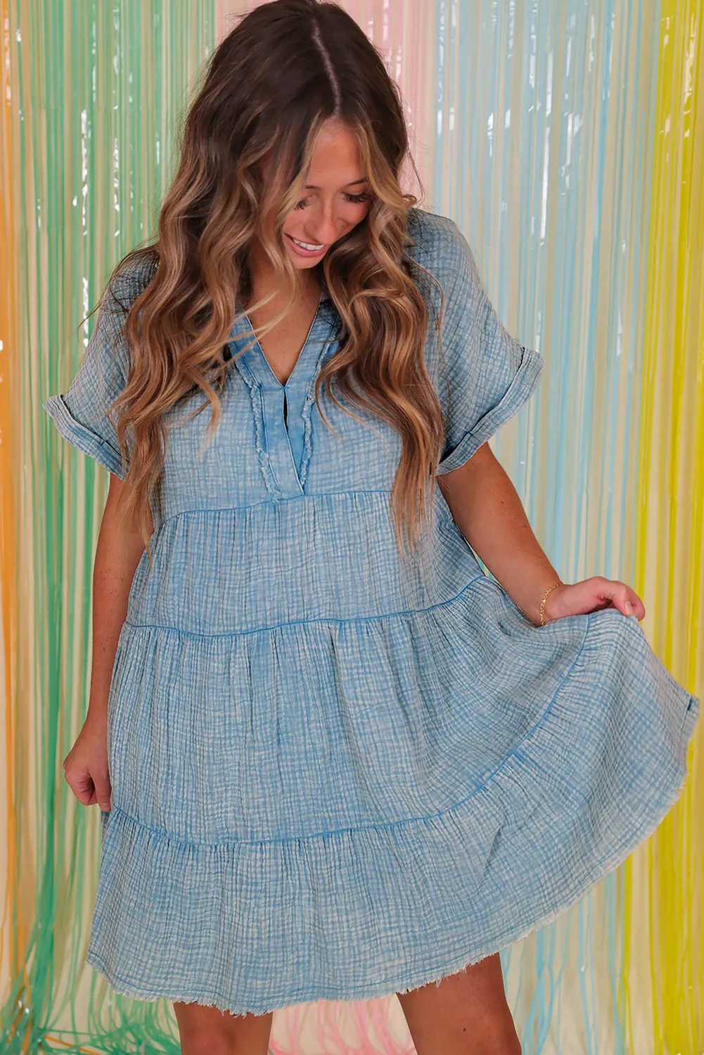 Beau Blue Mineral Wash Crinkle Split Neck Raw Hem Tiered Dress sold by Beagle Boutique product image thumbnail 3