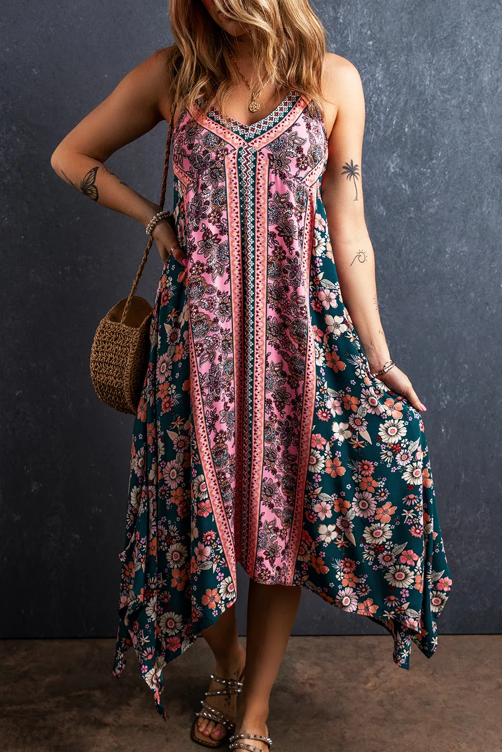 Pink Bohemian Floral Patchwork Print Long Sundress sold by Beagle Boutique