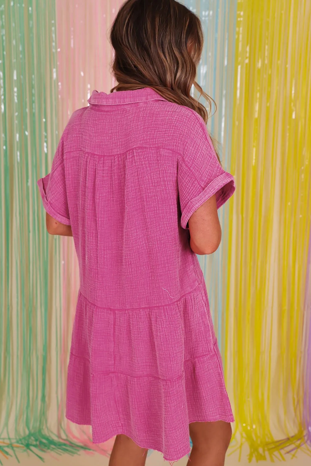 Strawberry Pink Mineral Wash Crinkle Split Neck Raw Hem Tiered Dress sold by Beagle Boutique product image thumbnail 2