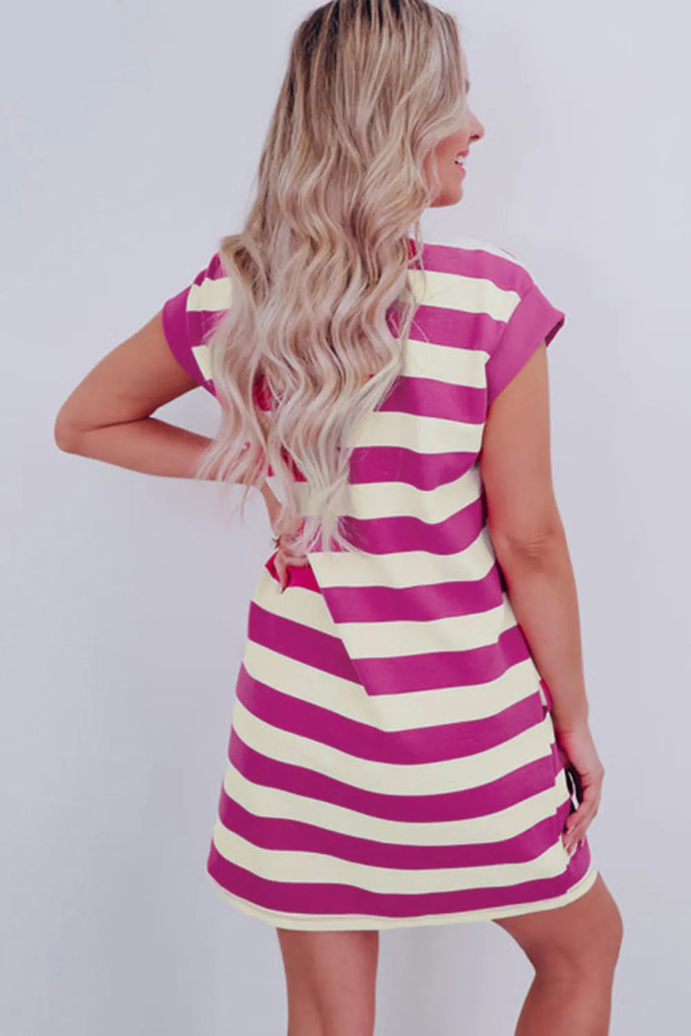 Rose Stripe Cap Sleeve Pocketed Shift T-shirt Dress sold by Beagle Boutique product image thumbnail 2