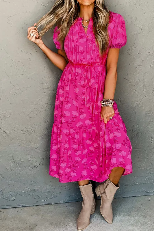 Rose Red Floral Print Pleated Drawstring Flowy Midi Dress sold by Beagle Boutique