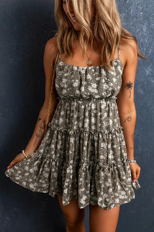 Green Tie Straps Frilly Tiered Short Floral Dress sold by Beagle Boutique