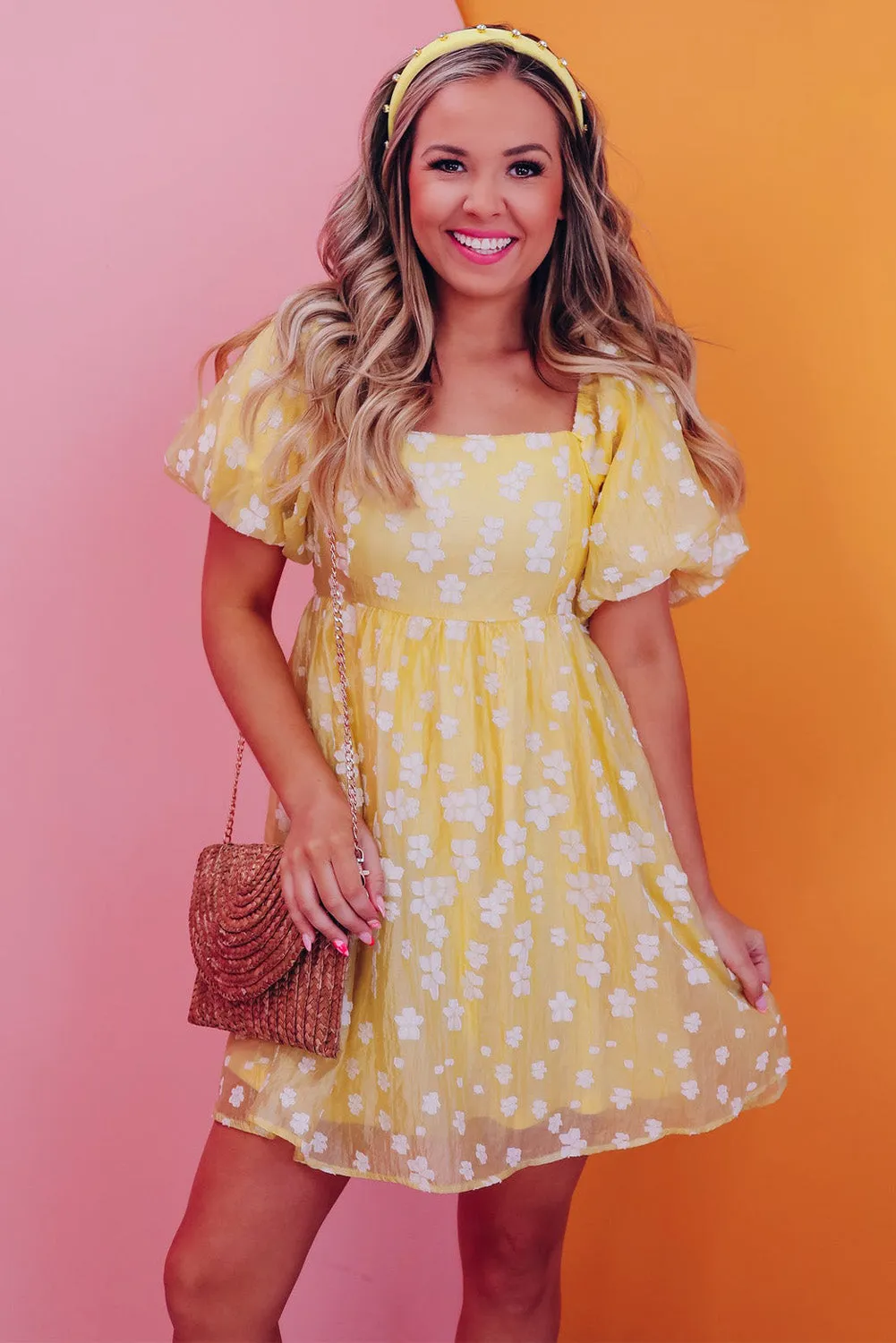 Yellow Boho Flower Jacquard Puff Sleeve Square Neck Mini Dress sold by Beagle Boutique product image thumbnail 3
