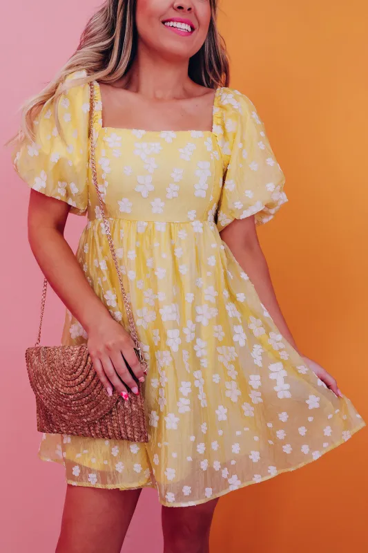Yellow Boho Flower Jacquard Puff Sleeve Square Neck Mini Dress sold by Beagle Boutique