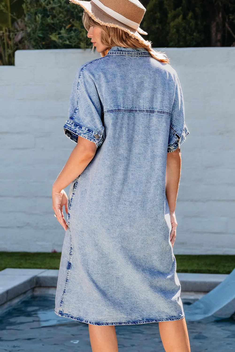Light Blue Loose Medium Wash Short Sleeve Shirt Chambray Dress sold by Beagle Boutique product image thumbnail 2