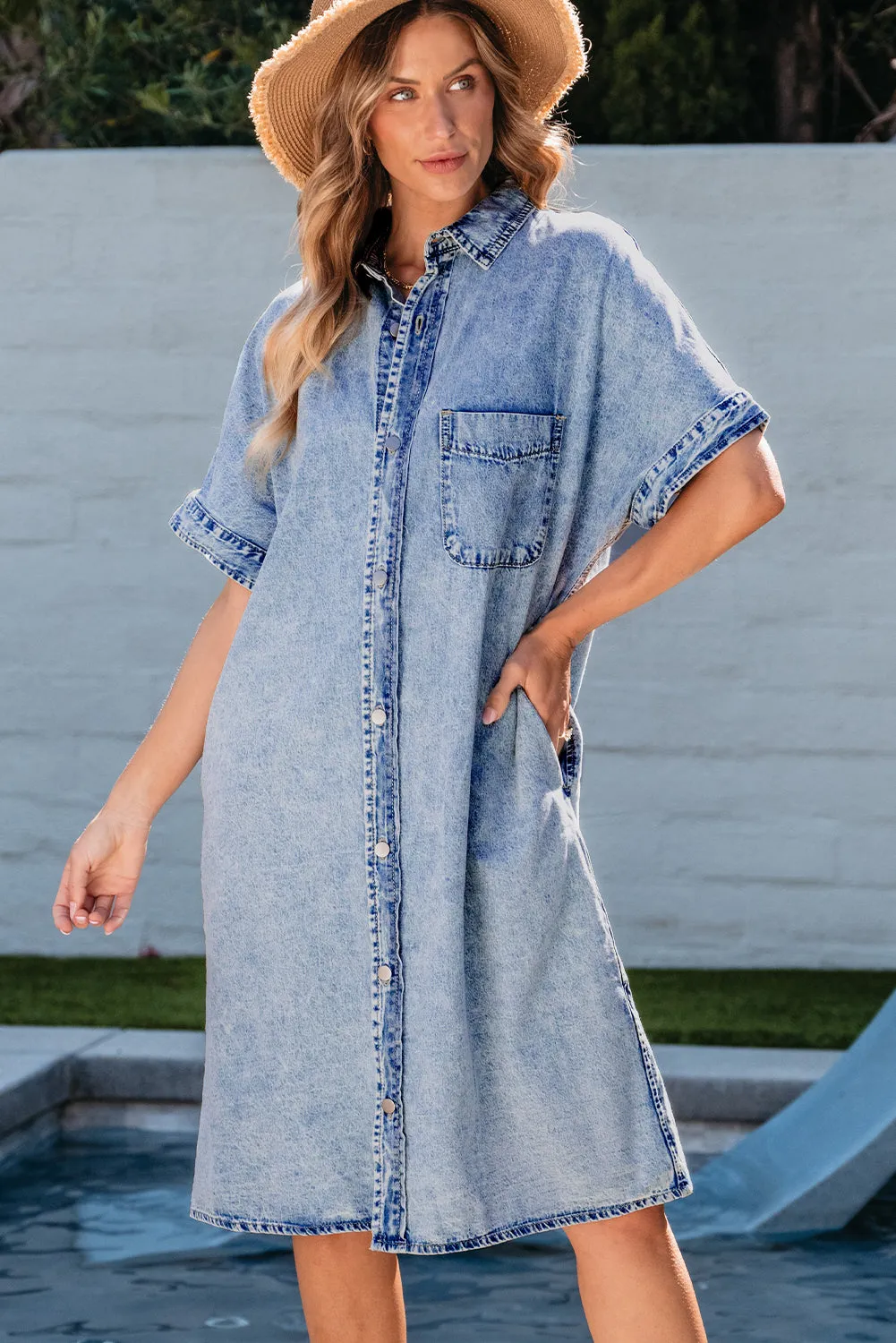 Light Blue Loose Medium Wash Short Sleeve Shirt Chambray Dress sold by Beagle Boutique