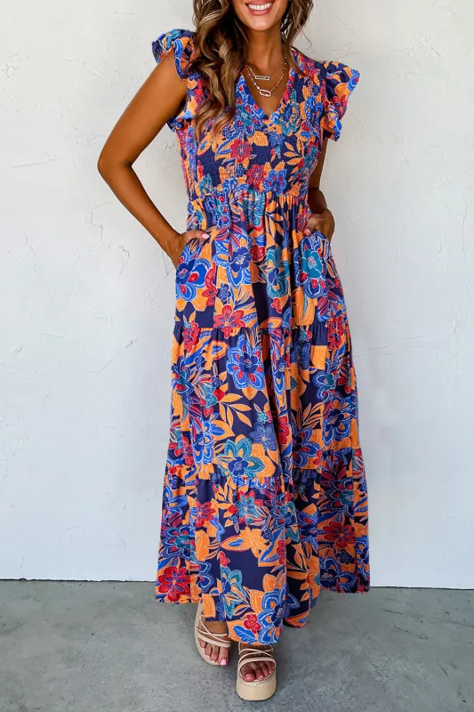 Dark Blue Boho Floral V Neck Ruffle Tiered Long Dress sold by Beagle Boutique