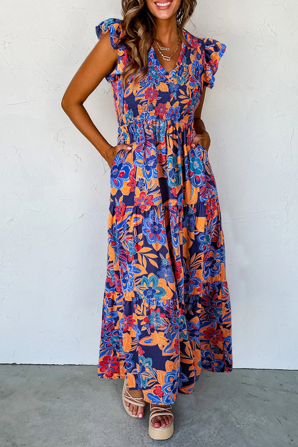 Dark Blue Boho Floral V Neck Ruffle Tiered Long Dress sold by Beagle Boutique