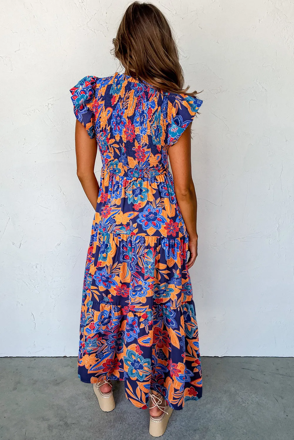 Dark Blue Boho Floral V Neck Ruffle Tiered Long Dress sold by Beagle Boutique product image thumbnail 2