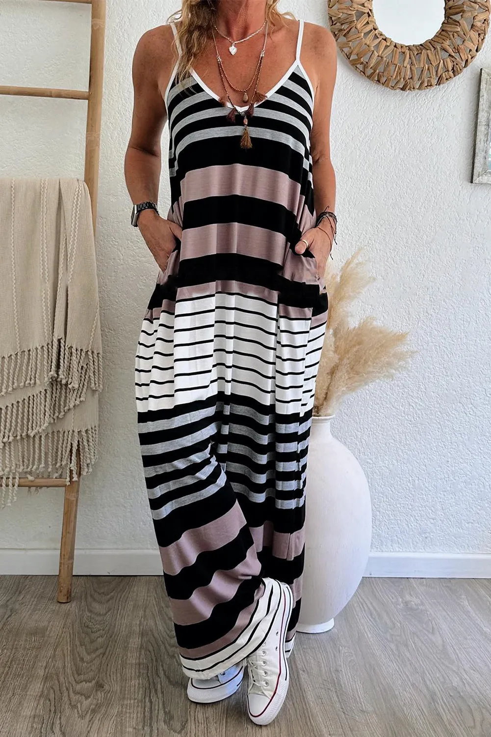 Multicolour Mixed Stripes Spaghetti Straps V Neck Maxi Dress sold by Beagle Boutique product image thumbnail 3