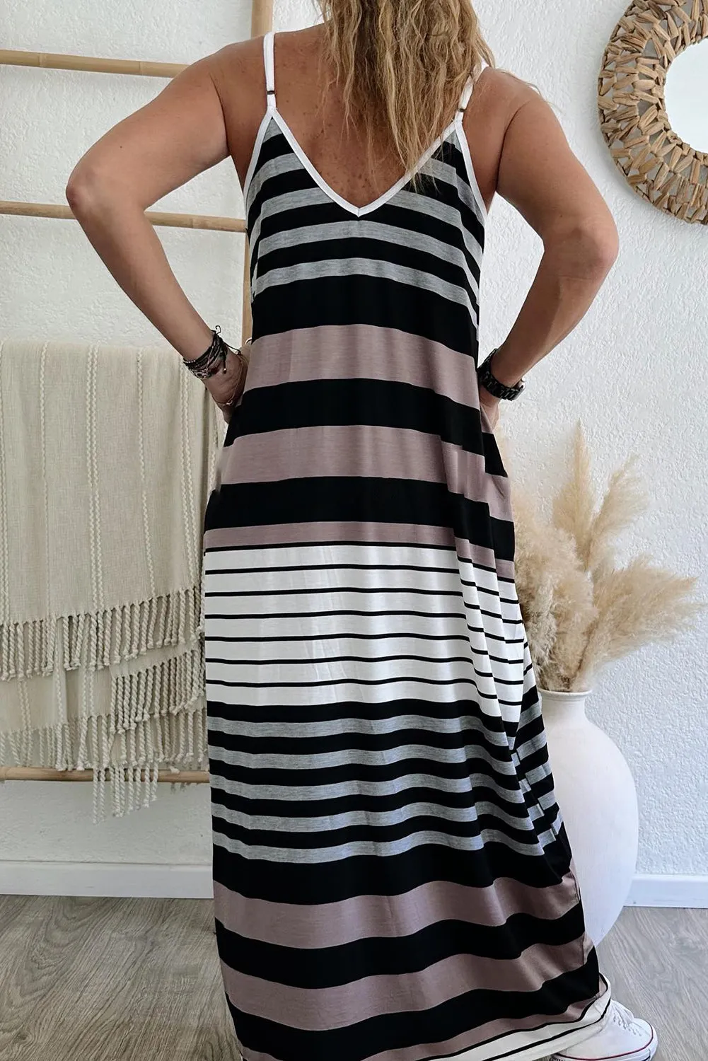 Multicolour Mixed Stripes Spaghetti Straps V Neck Maxi Dress sold by Beagle Boutique product image thumbnail 2
