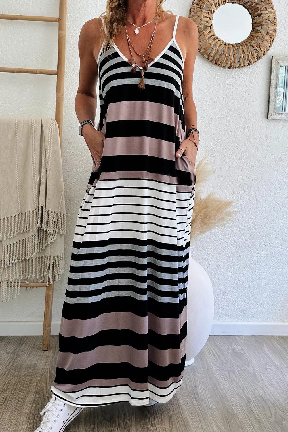 Multicolour Mixed Stripes Spaghetti Straps V Neck Maxi Dress sold by Beagle Boutique
