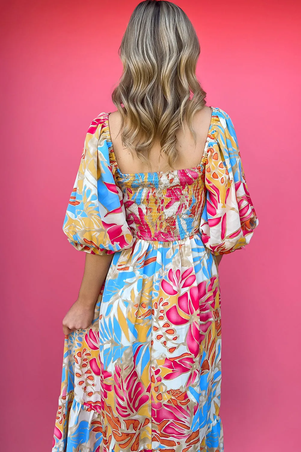 Rose Red Tropical Print Smocked Bodice Puff Sleeve Maxi Dress sold by Beagle Boutique product image thumbnail 2