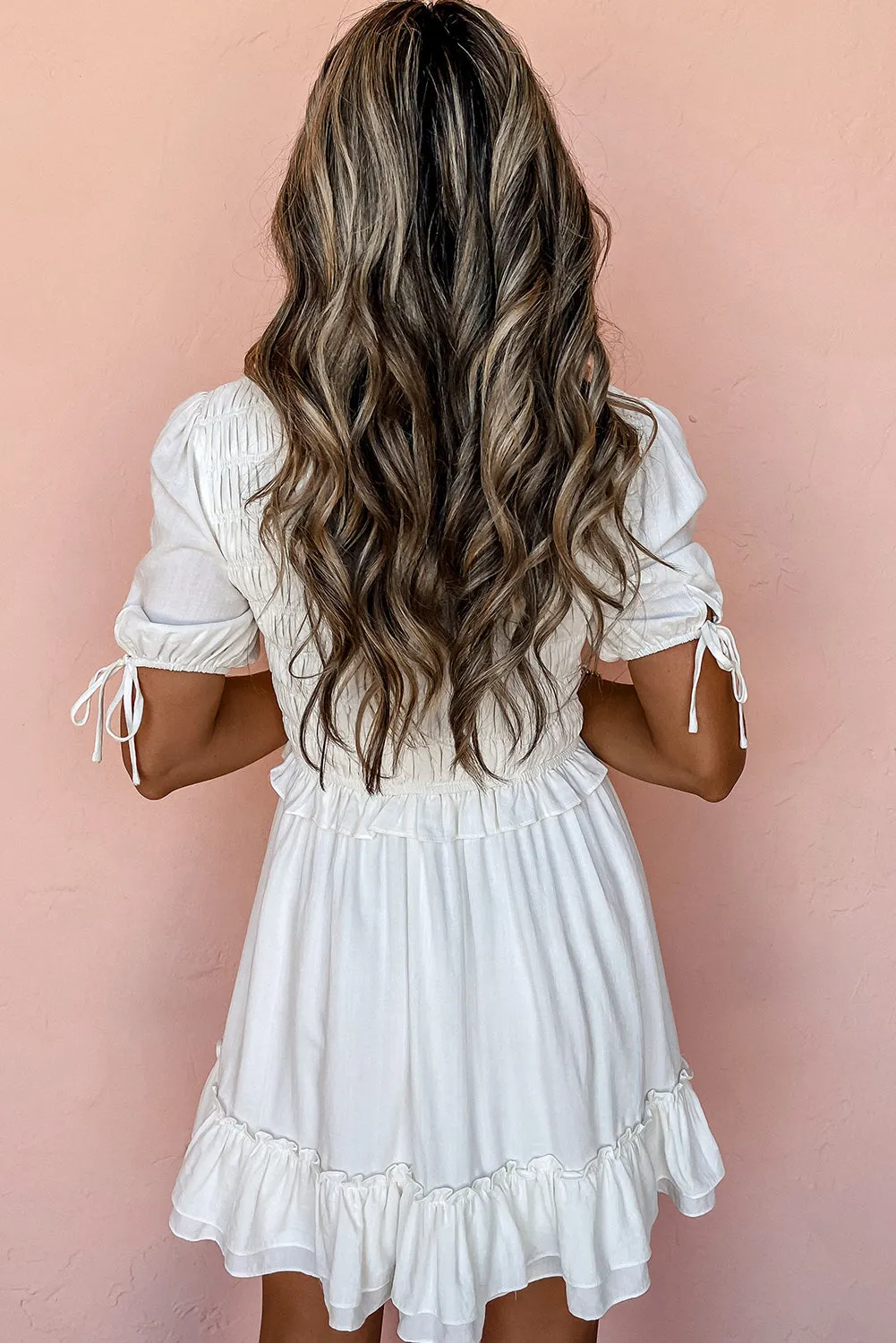 White Tie Short Sleeves Smocked Ruffle Mini Dress sold by Beagle Boutique product image thumbnail 2