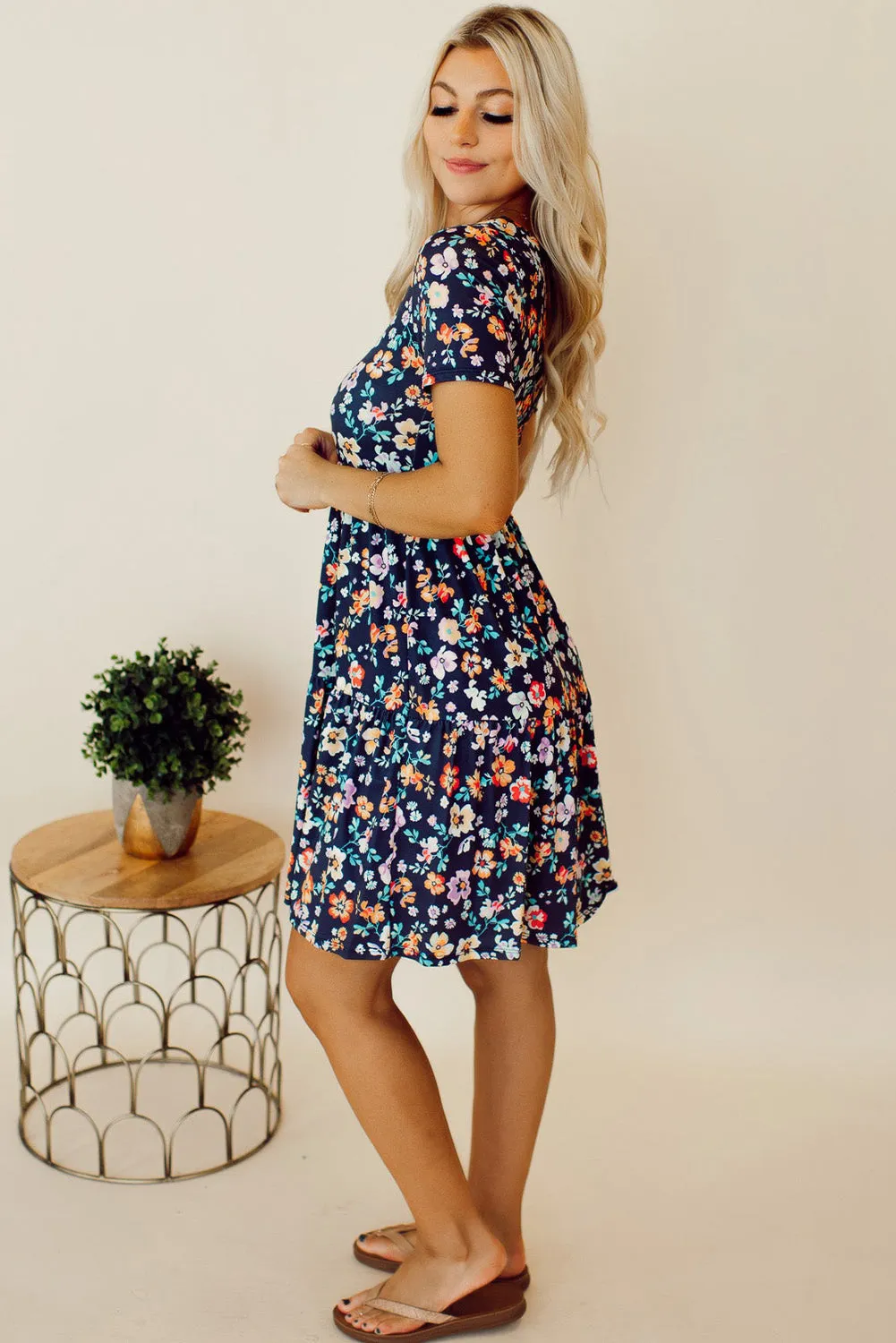 Blue Short Sleeve A-line Floral Dress sold by Beagle Boutique product image thumbnail 2