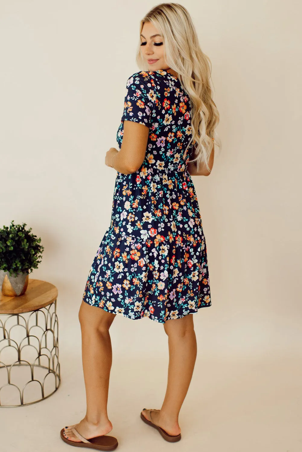 Blue Short Sleeve A-line Floral Dress sold by Beagle Boutique product image thumbnail 3
