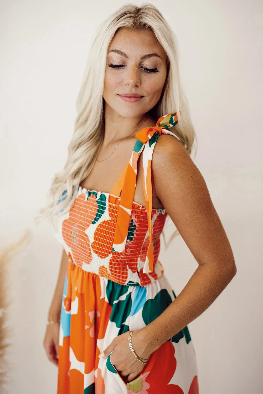 Orange Floral Self Tied Straps Smocked Bust Maxi Dress sold by Beagle Boutique product image thumbnail 3