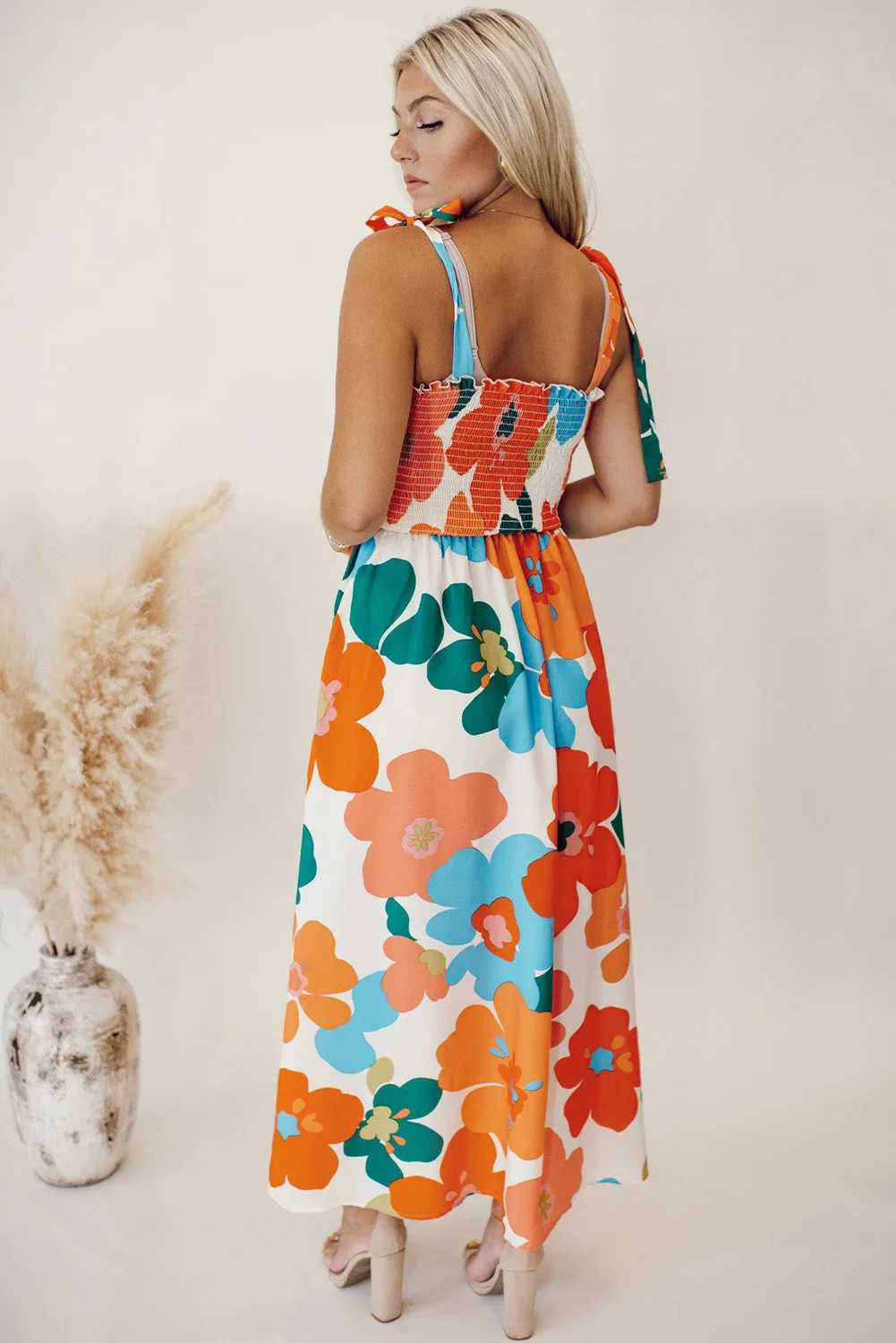 Orange Floral Self Tied Straps Smocked Bust Maxi Dress sold by Beagle Boutique product image thumbnail 2