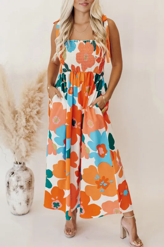 Orange Floral Self Tied Straps Smocked Bust Maxi Dress sold by Beagle Boutique