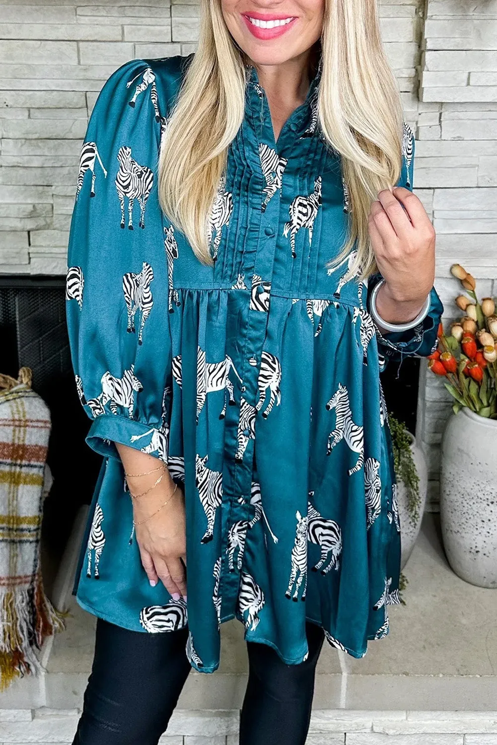 Blue Printed Zebra Pattern Pleated Shirt Tunic Dress sold by Beagle Boutique