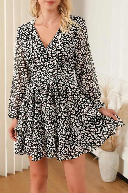Black V Neck Baggy Sleeve Waist Tie Double Layer Ruffle Hem Leopard Print Dress sold by Beagle Boutique