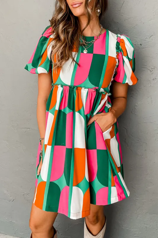 Green Abstract Print Puff Sleeve Short Dress sold by Beagle Boutique