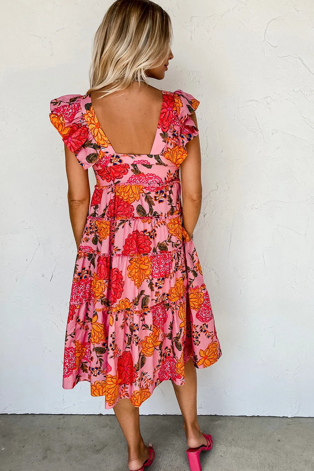Pink Floral Square Neck Ruffled Flutter Sleeve Tiered Midi Dress sold by Beagle Boutique product image thumbnail 2