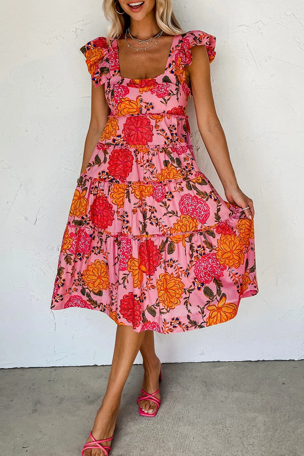 Pink Floral Square Neck Ruffled Flutter Sleeve Tiered Midi Dress sold by Beagle Boutique