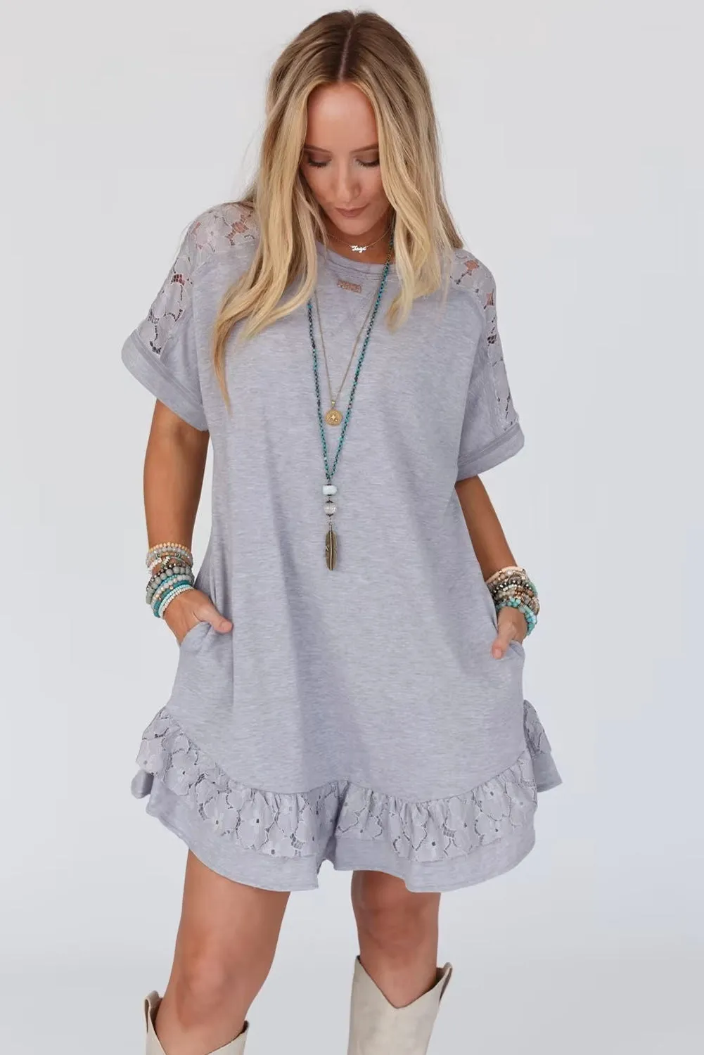Light Grey Lace Floral Patchwork Ruffled T-shirt Dress sold by Beagle Boutique product image thumbnail 3