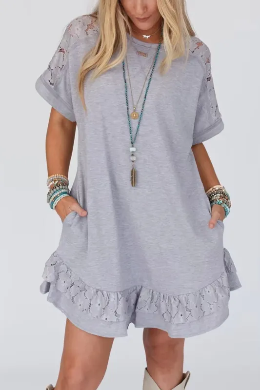 Light Grey Lace Floral Patchwork Ruffled T-shirt Dress sold by Beagle Boutique