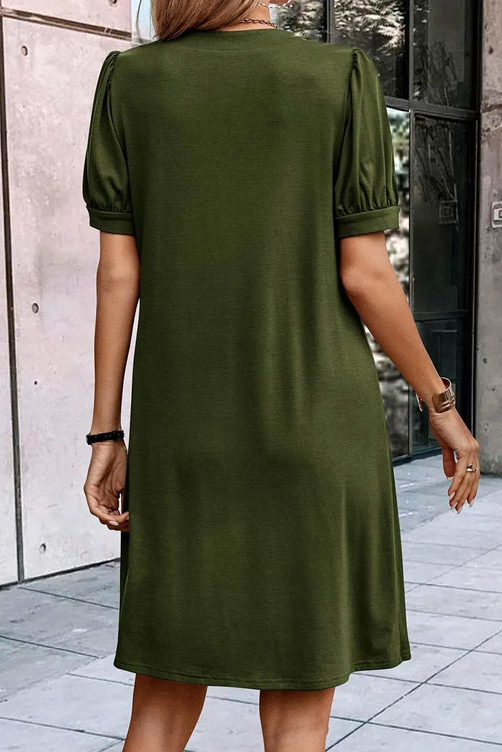Fern Green Notched Neck Pleated Puff Sleeve Shift T-shirt Dress sold by Beagle Boutique product image thumbnail 2