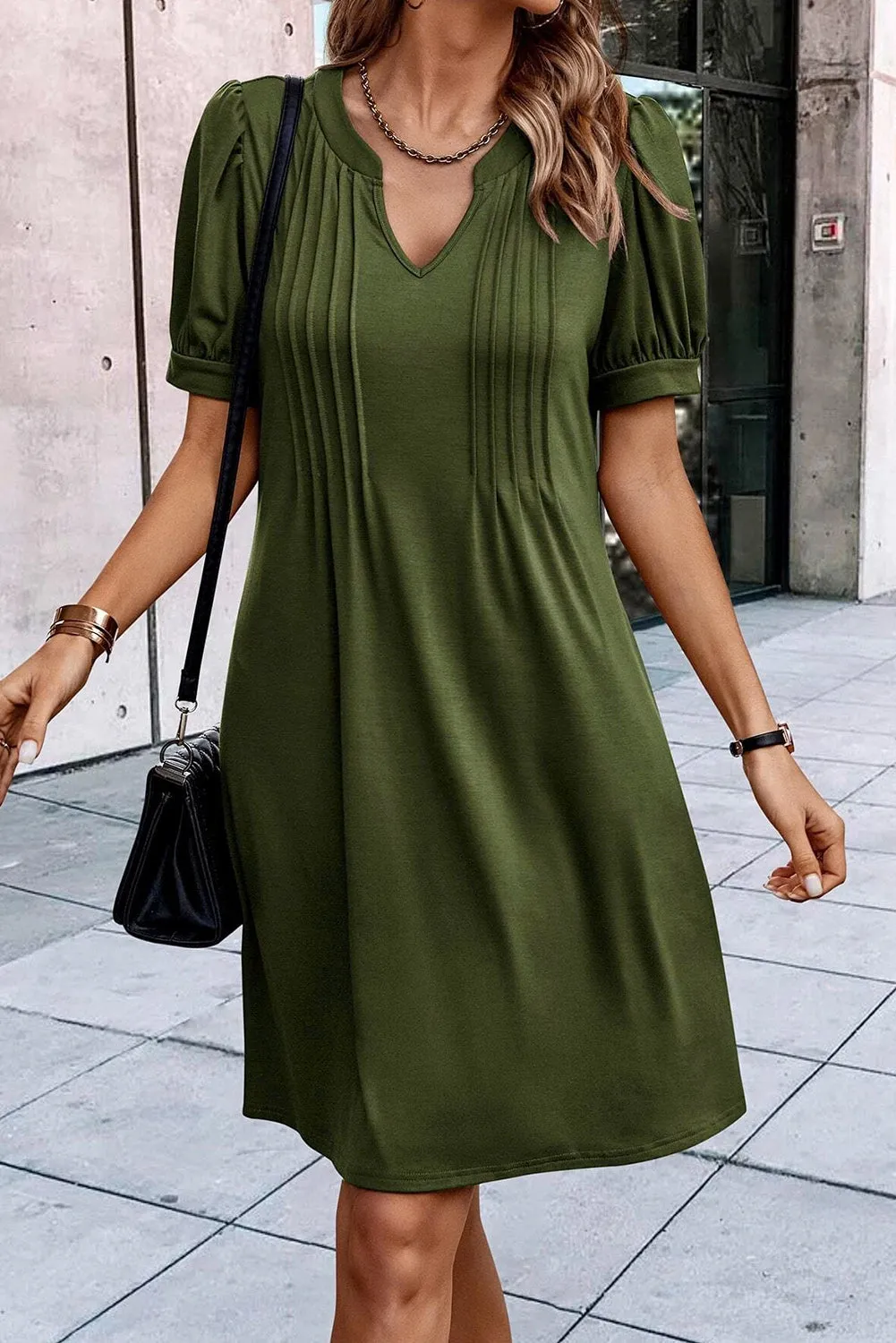 Fern Green Notched Neck Pleated Puff Sleeve Shift T-shirt Dress sold by Beagle Boutique product image thumbnail 3