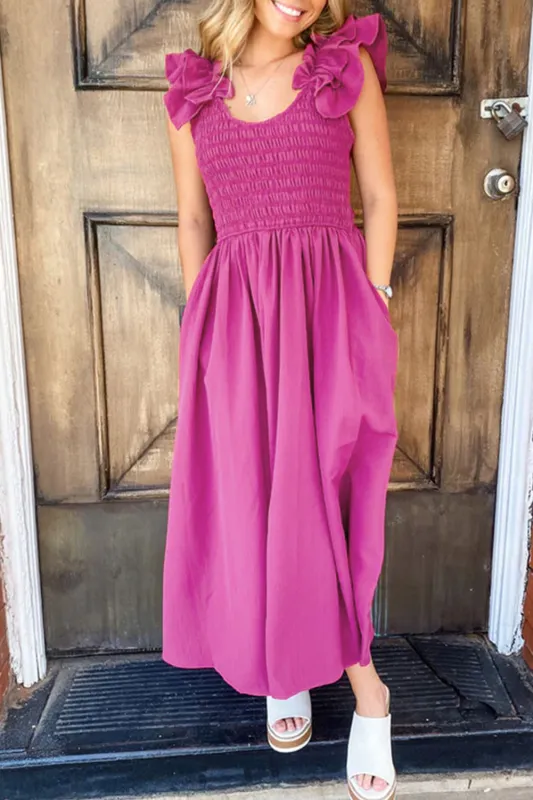 Rose Red Solid Colour Ruffled Straps Smocked Ruched Maxi Dress sold by Beagle Boutique