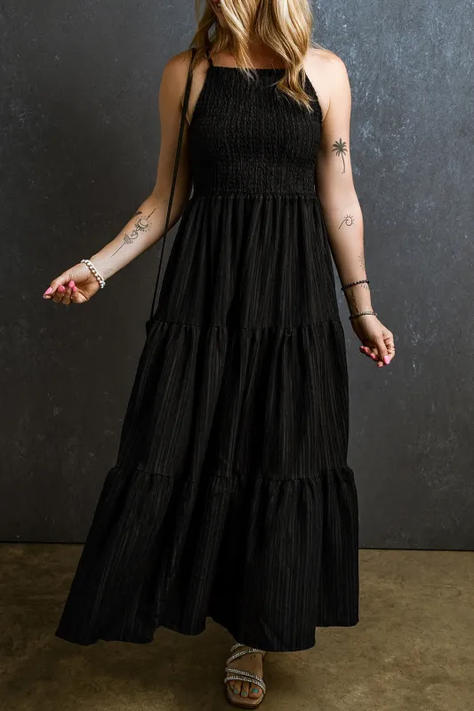 Black Spaghetti Straps Smocked Pleated Tiered Maxi Dress sold by Beagle Boutique
