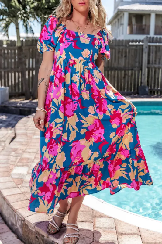 Dark Blue Square Neck Bubble Sleeve Ruffled Floral Dress sold by Beagle Boutique